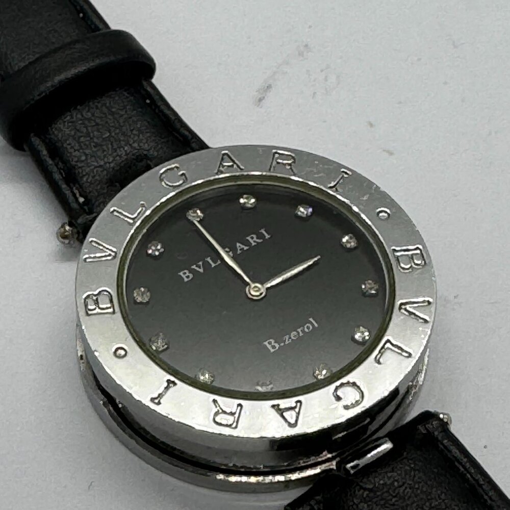 BVLGARI B.ZERO1 DIAMOND SET WATCH with black leather strap.